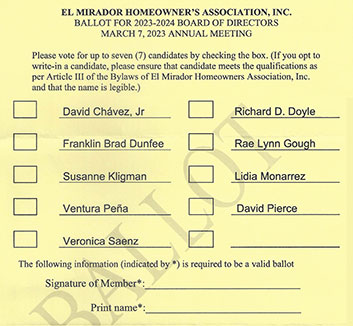 El Mirador Homeowners Association Elections 2023