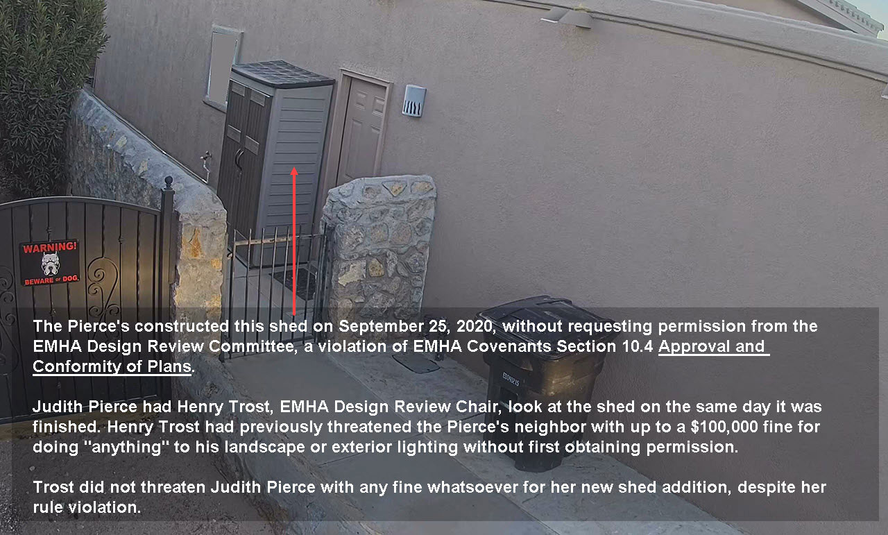 What Rules? Judith Pierce, ex-EMHA Secretary violates EMHA Covenants Section 11.9 Garbage.