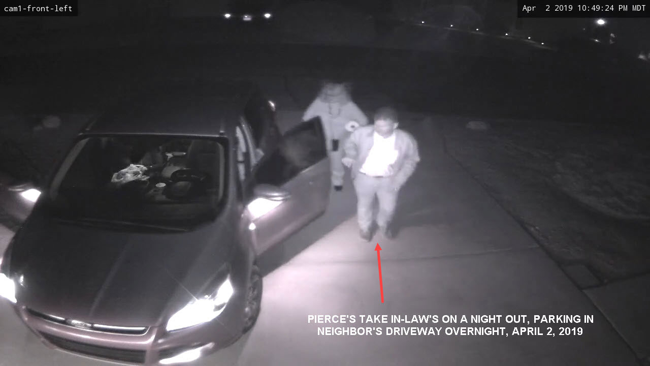 David and Judith Pierce take their in-law's on a night out, parking in their neighbor's driveway overnight, April 2, 2019.