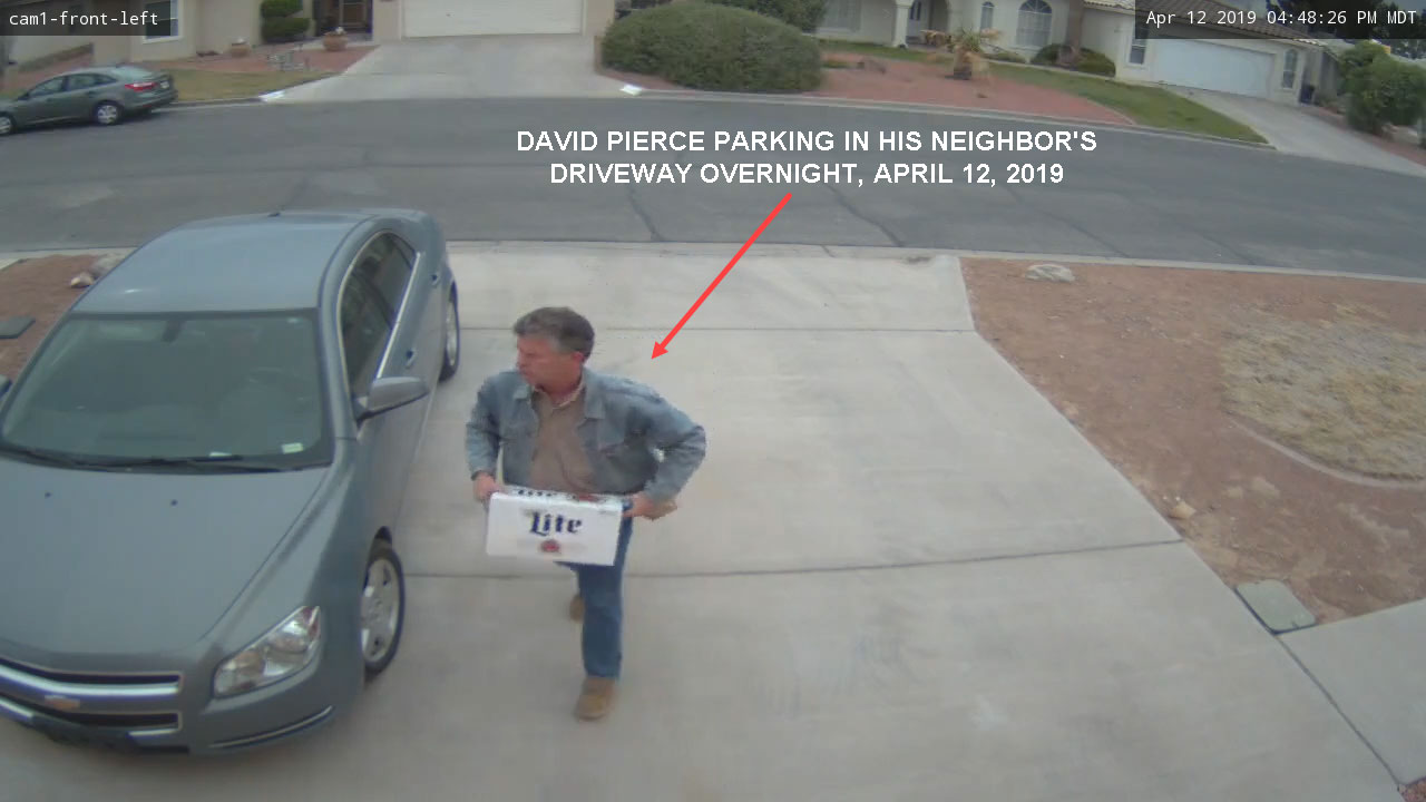 David Pierce parking in his neighbor's driveway overnight, April 12, 2019.