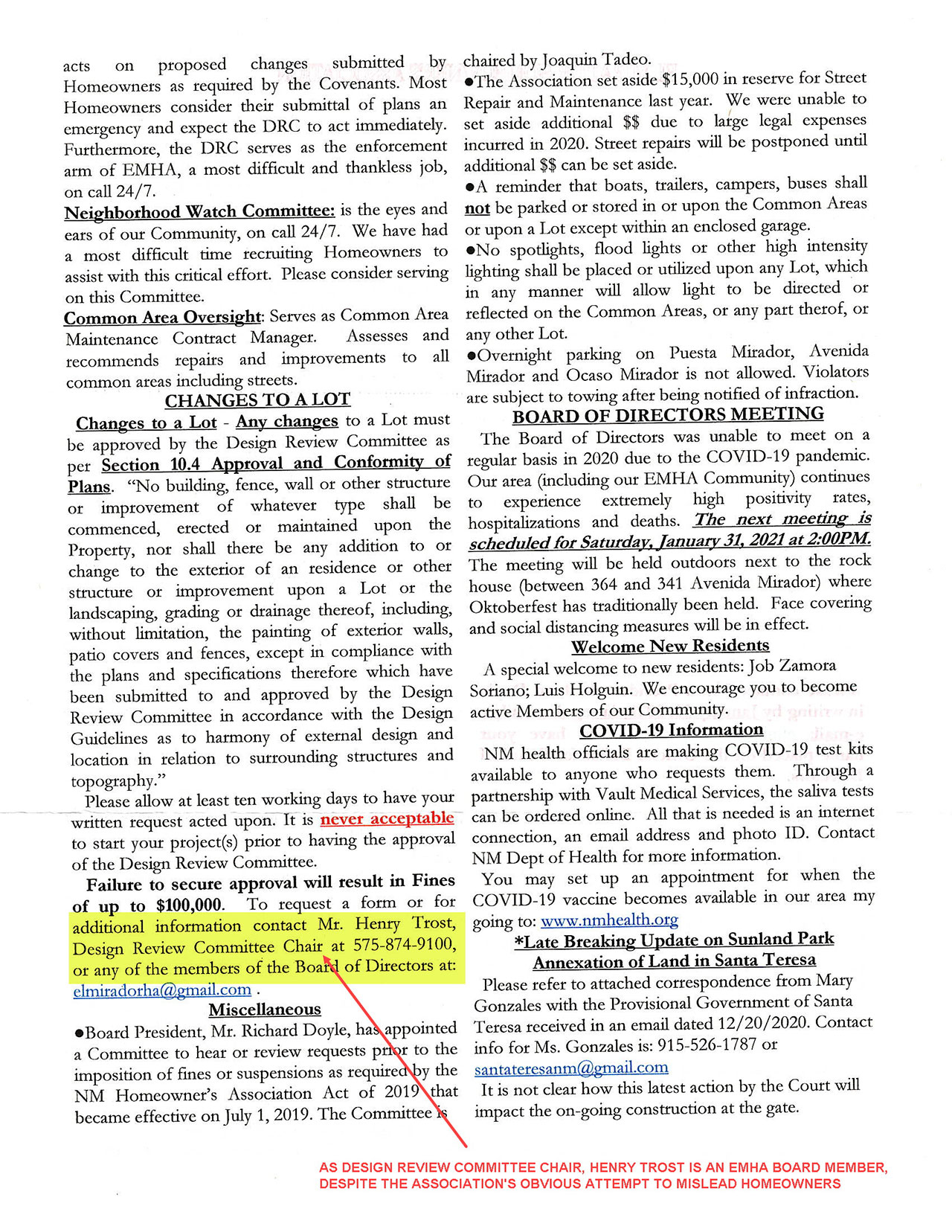 EMHA Newsletter October 2020, showing Trost as Design Review Committee Chair on second page, separated from Board of Directors.