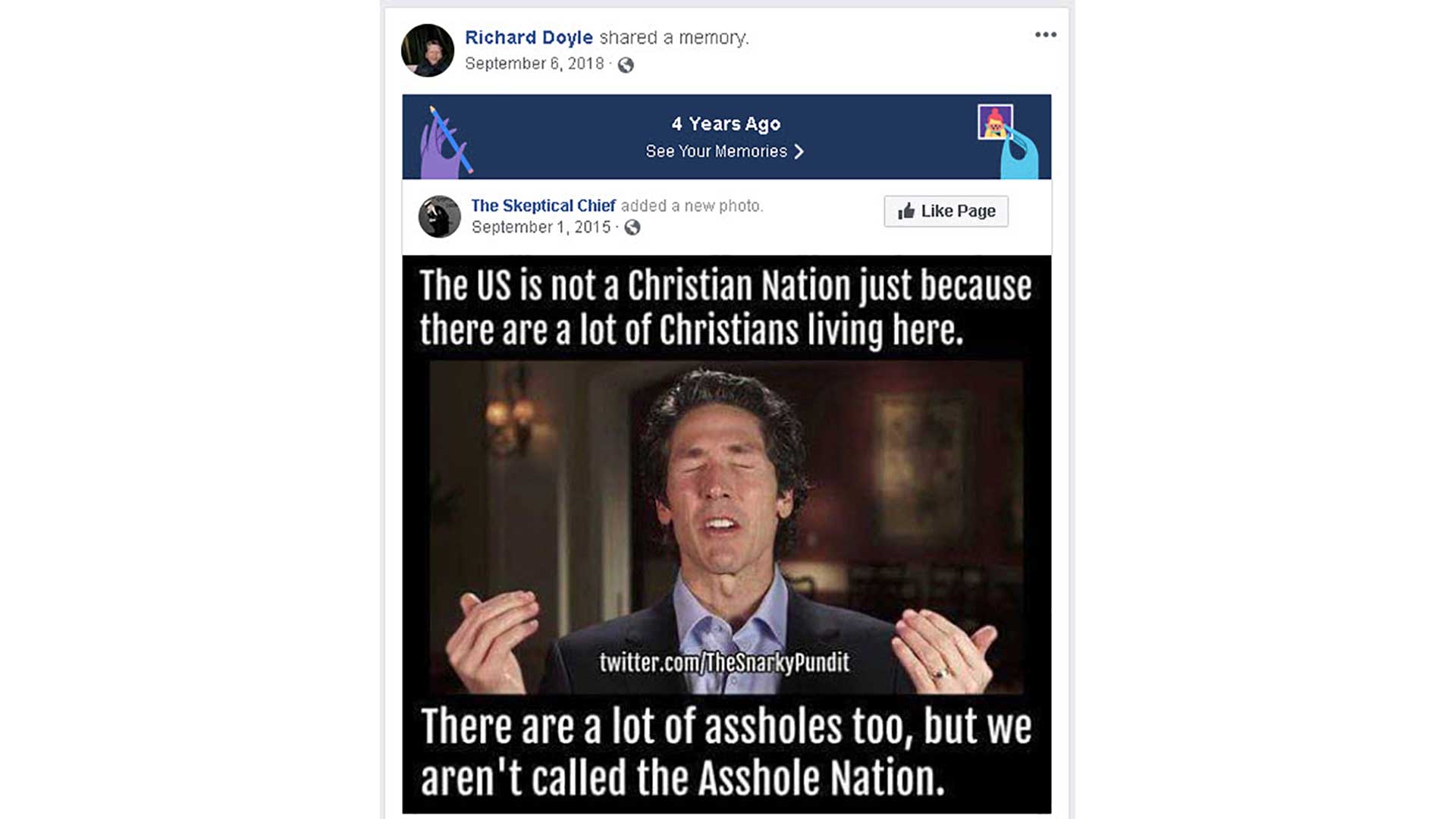 Richard Doyle, President El Mirador Homeowners Association anti-Christian facebook post September 6, 2018.